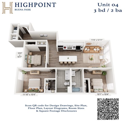 Floor plan for 3 beds, 2 baths, 1208 sqft